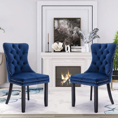 8x Velvet Dining Chairs Upholstered Tufted Kithcen Chair with Solid Wood Legs Stud Trim and Ring-Blue - Cosy Abode