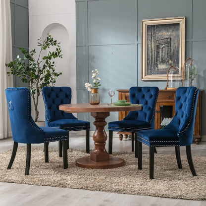 8x Velvet Dining Chairs Upholstered Tufted Kithcen Chair with Solid Wood Legs Stud Trim and Ring-Blue - Cosy Abode