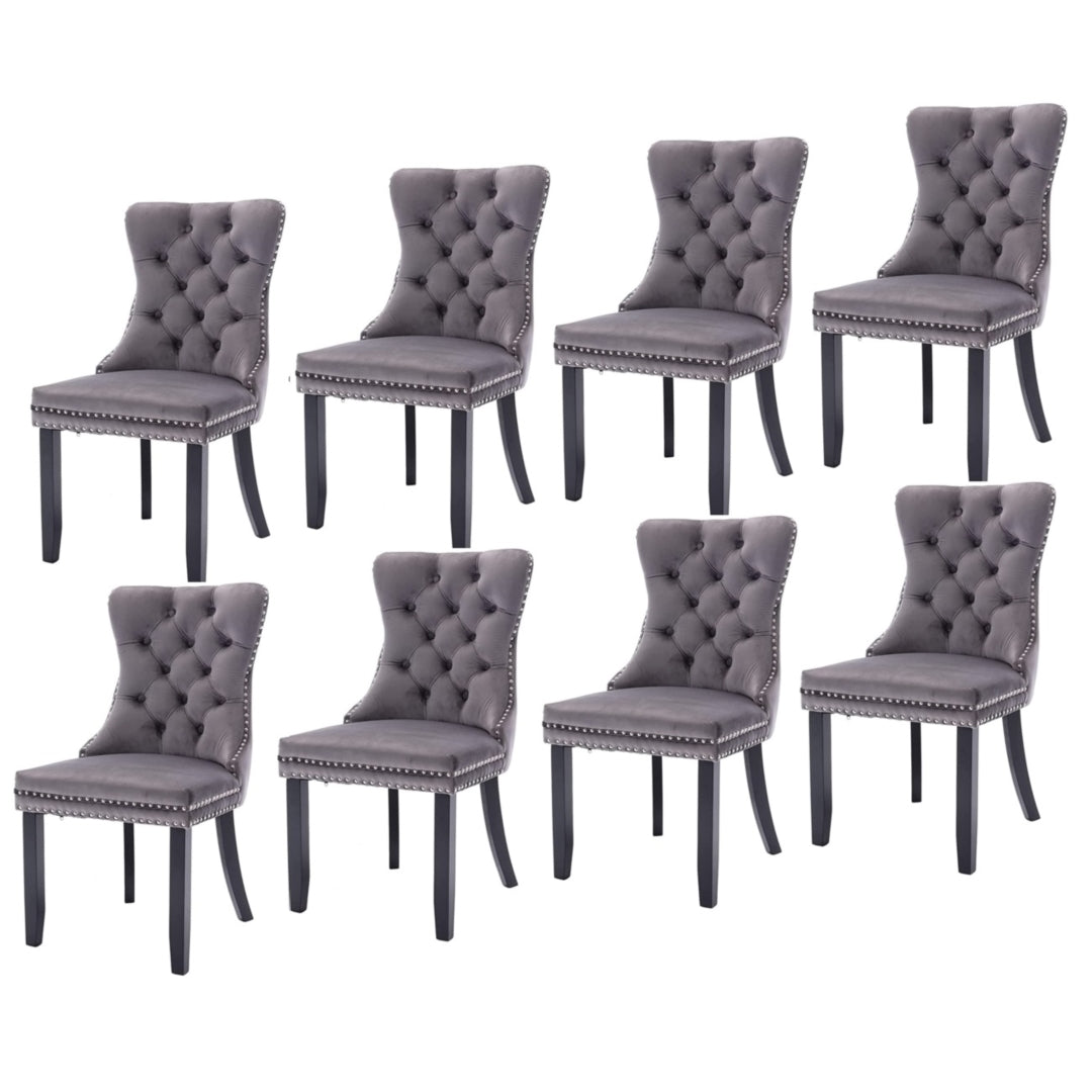 8x Velvet Dining Chairs Upholstered Tufted Kithcen Chair with Solid Wood Legs Stud Trim and Ring-Gray - Cosy Abode