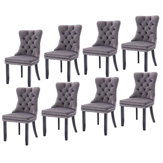 8x Velvet Dining Chairs Upholstered Tufted Kithcen Chair with Solid Wood Legs Stud Trim and Ring-Gray - Cosy Abode
