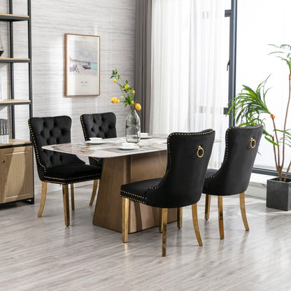 AADEN 2x Velvet Dining Chairs with Golden Metal Legs-Black - Cosy Abode