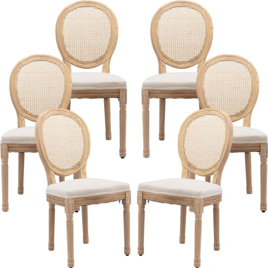 AADEN 6x Rattan Dining Chairs with Solid Wood Legs- Beige - Cosy Abode