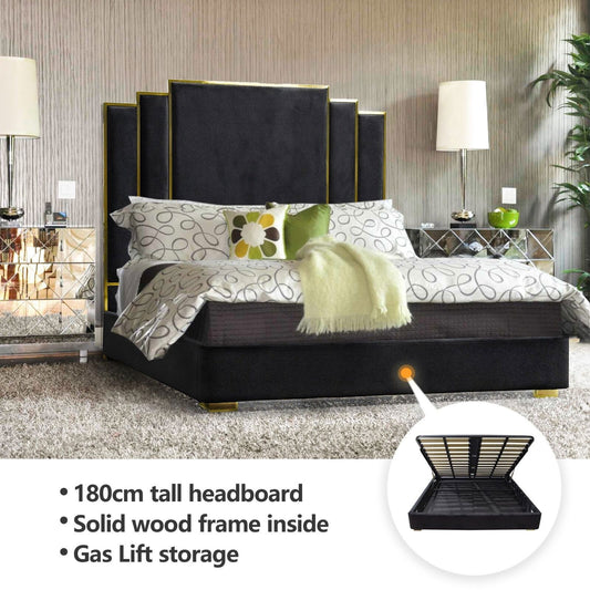 ALPHA KING Black Velvet Gas Lift Storage Bedframe Golden Frame - Cosy Abode