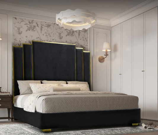ALPHA QUEEN Black Velvet Gas Lift Storage Bedframe Golden Frame - Cosy Abode