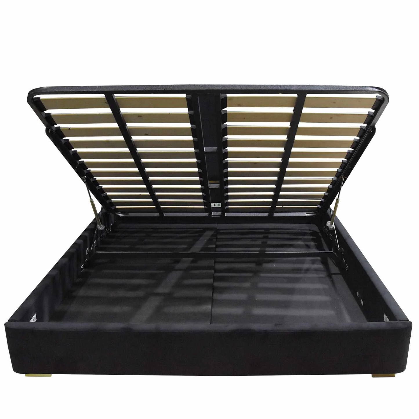 ALPHA QUEEN Black Velvet Gas Lift Storage Bedframe Golden Frame - Cosy Abode