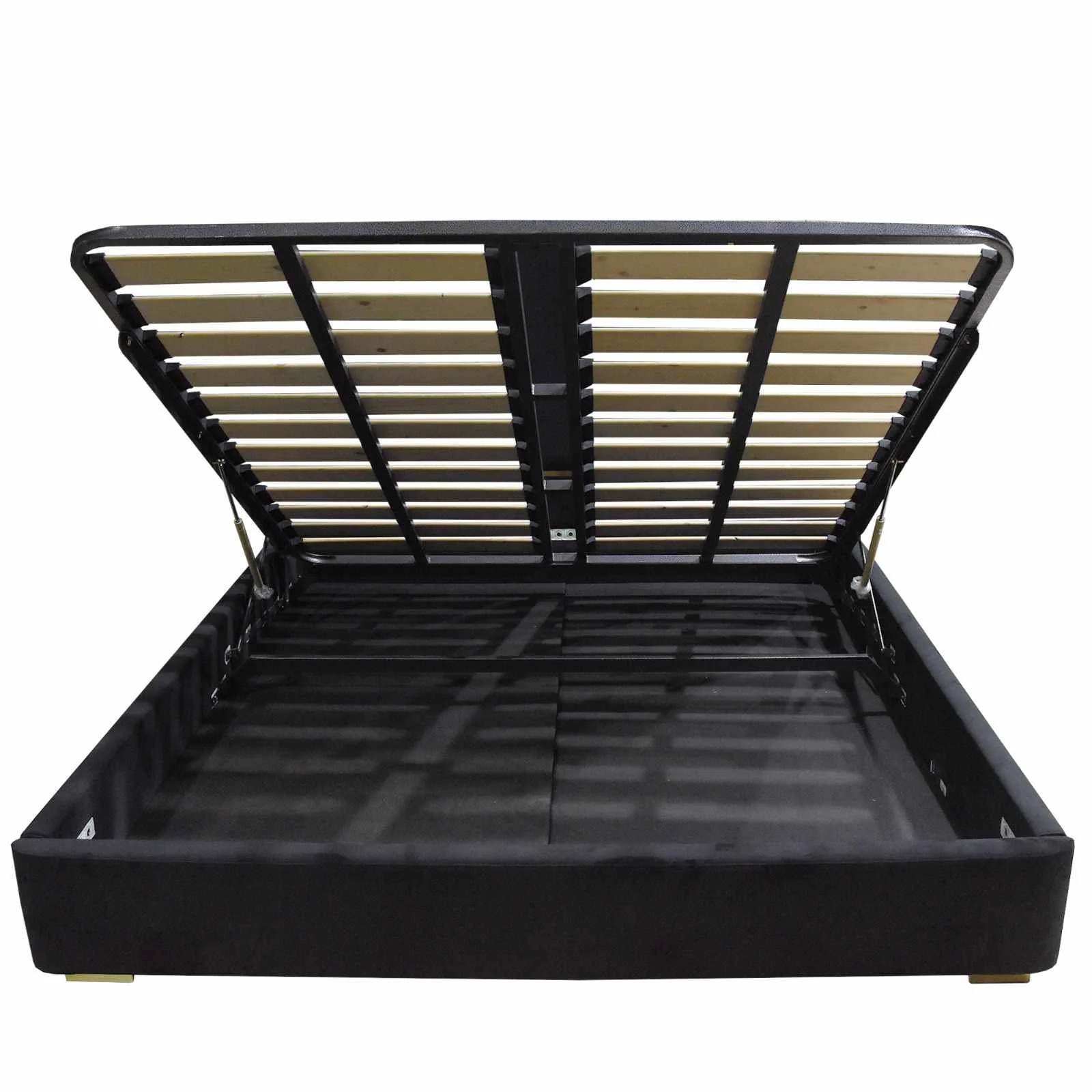 ALPHA QUEEN Black Velvet Gas Lift Storage Bedframe Golden Frame - Cosy Abode