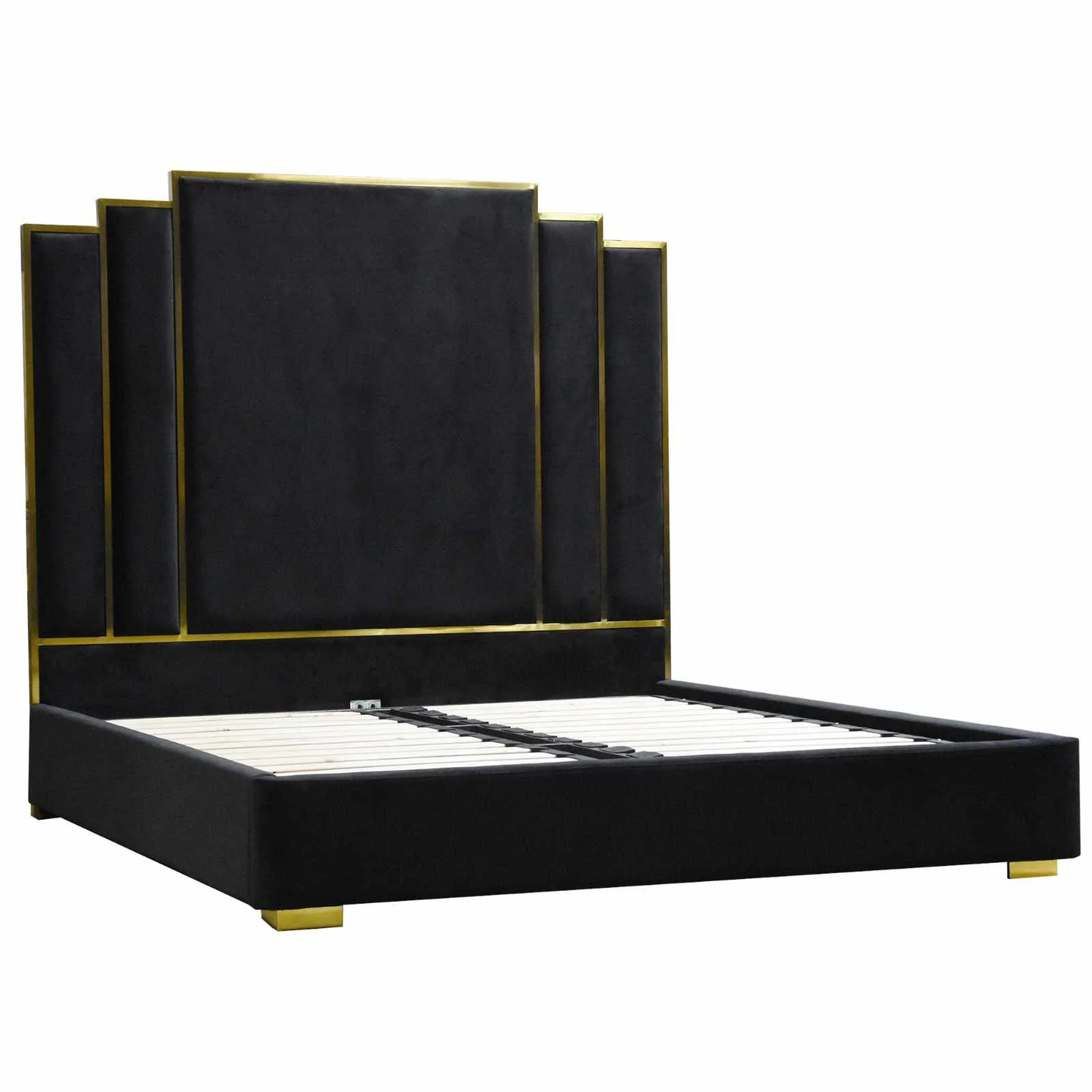 ALPHA QUEEN Black Velvet Gas Lift Storage Bedframe Golden Frame - Cosy Abode
