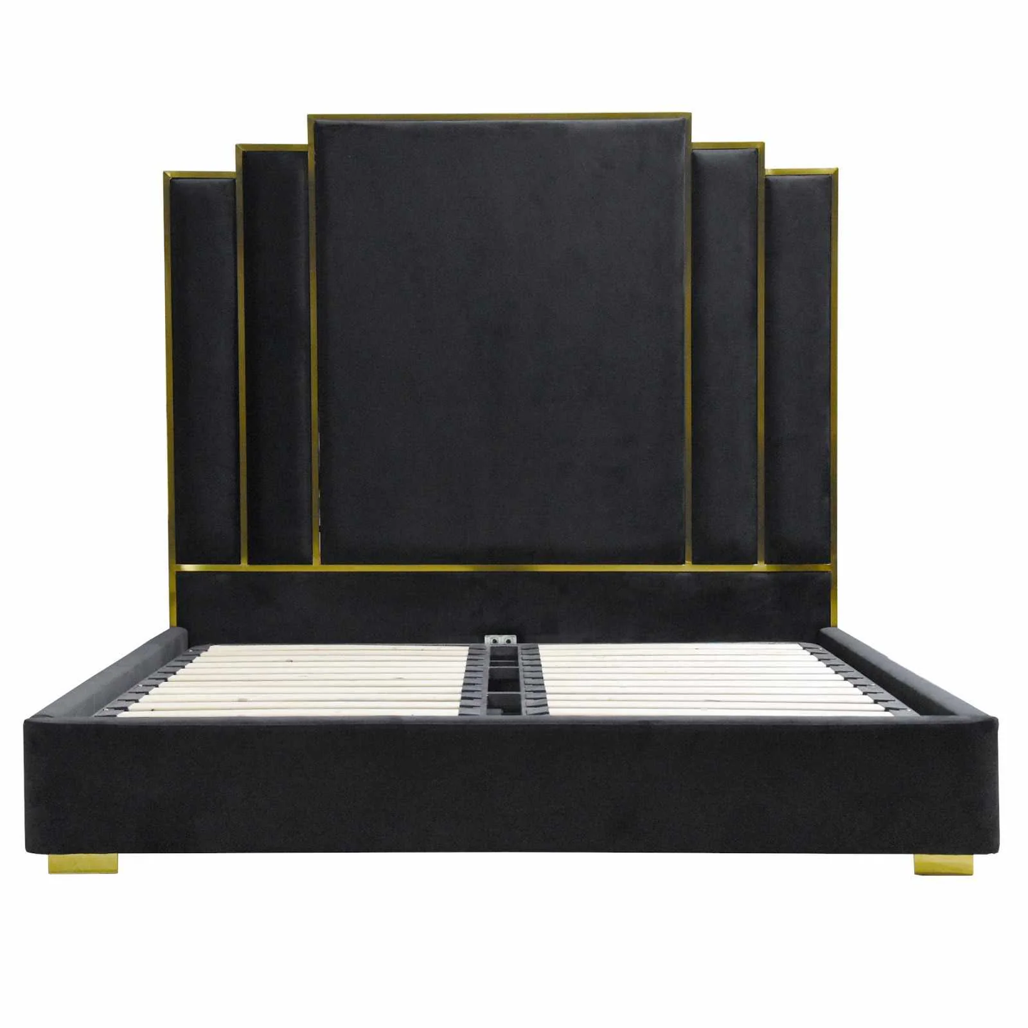 ALPHA QUEEN Black Velvet Gas Lift Storage Bedframe Golden Frame - Cosy Abode