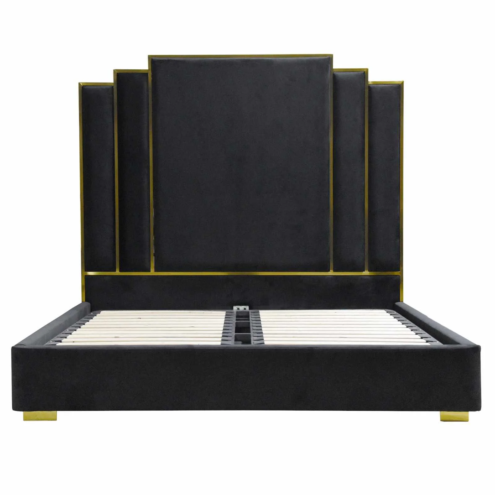 ALPHA QUEEN Black Velvet Gas Lift Storage Bedframe Golden Frame - Cosy Abode