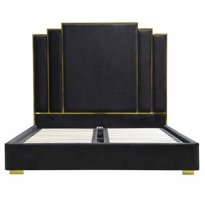 ALPHA QUEEN Black Velvet Gas Lift Storage Bedframe Golden Frame - Cosy Abode