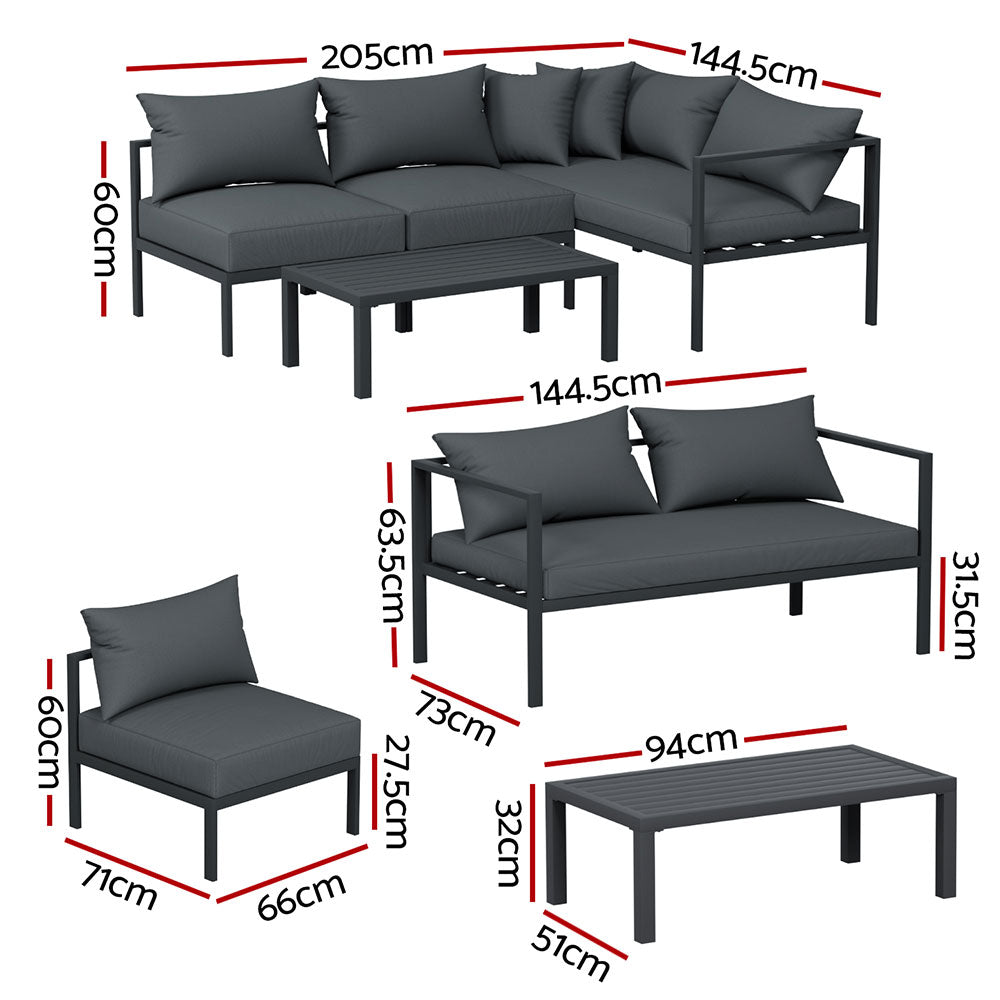 Gardeon 4 Seater Outdoor Sofa Set Aluminium Patio Furniture Setting 4PC Charcoal - Cosy Abode