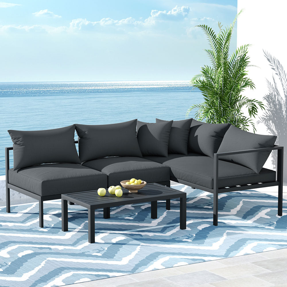 Gardeon 4 Seater Outdoor Sofa Set Aluminium Patio Furniture Setting 4PC Charcoal - Cosy Abode