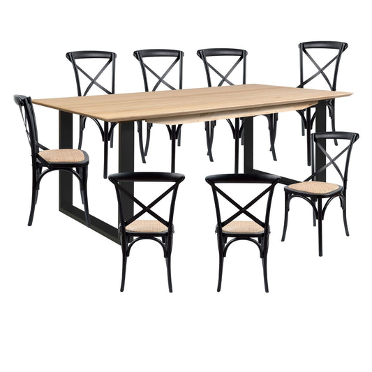 Aconite 9pc 210cm Dining Table Set 8 Cross Back Chair Solid Messmate Timber Wood - Cosy Abode