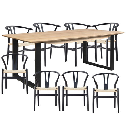 Aconite 9pc 210cm Dining Table Set 8 Wishbone Chair Solid Messmate Timber Wood - Cosy Abode