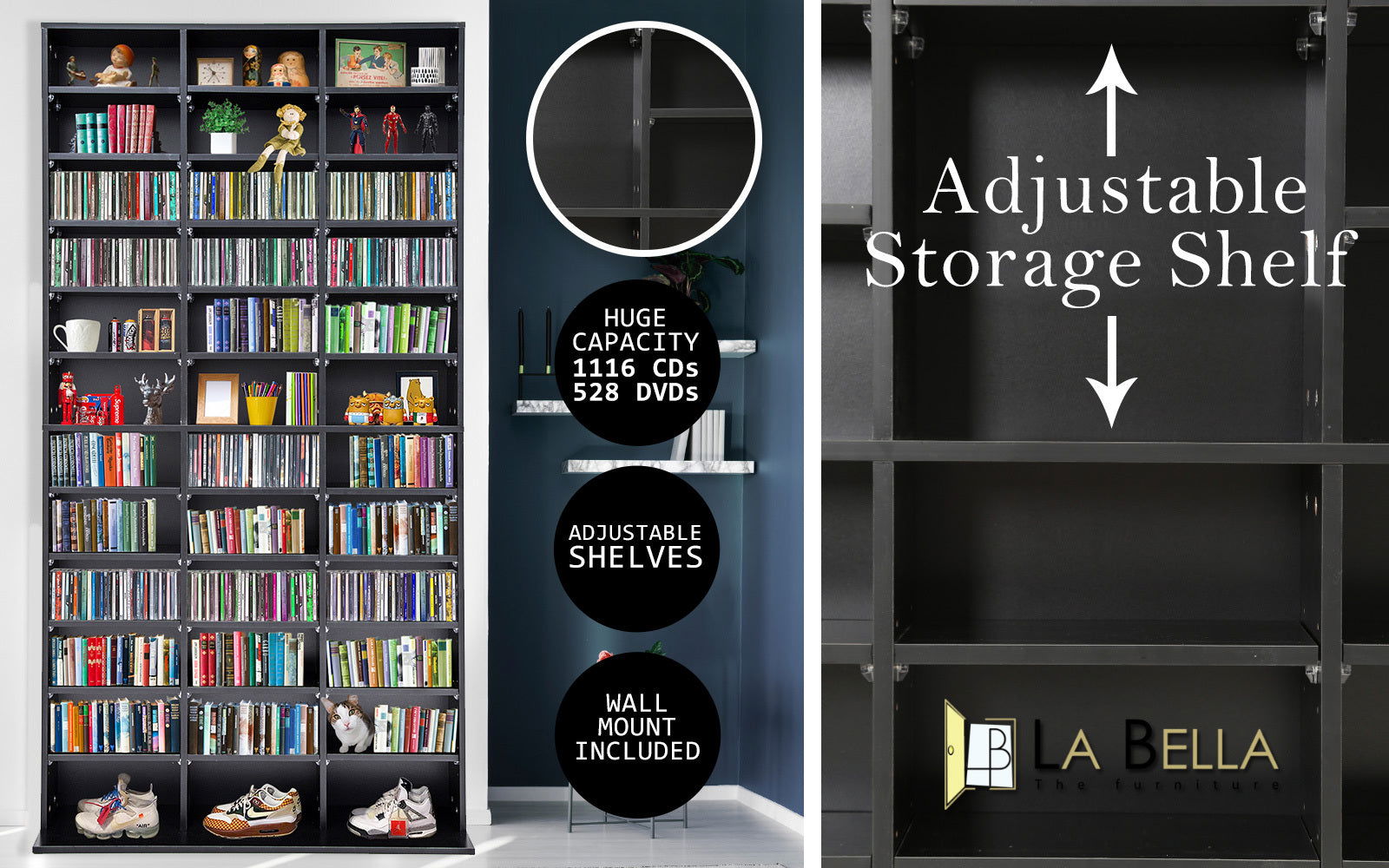 Adjustable Shelves CD DVD Bluray Media Book Storage Cupboard BLACK - Cosy Abode