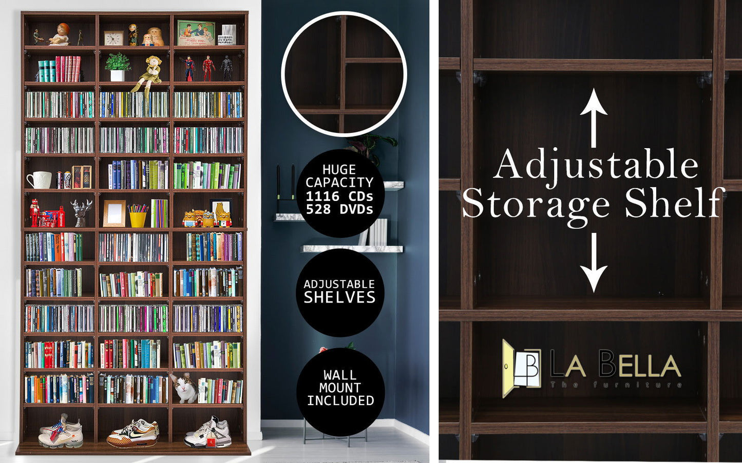 Adjustable Shelves CD DVD Bluray Media Book Storage Cupboard ESPRESSO - Cosy Abode