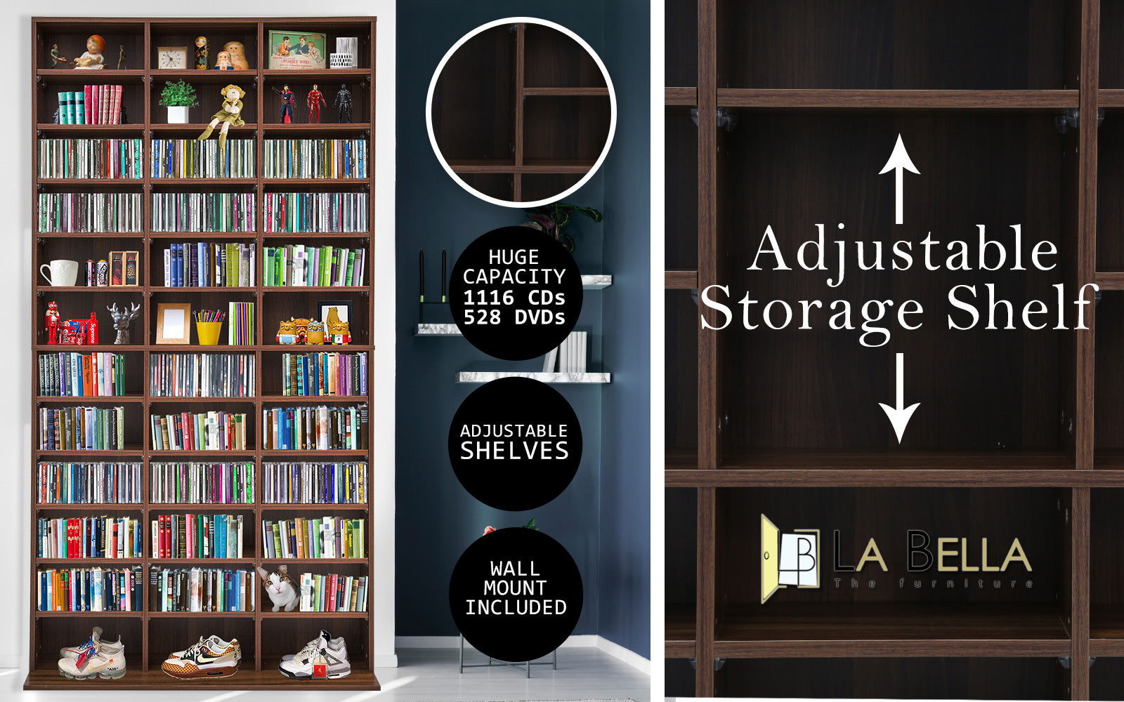 Adjustable Shelves CD DVD Bluray Media Book Storage Cupboard ESPRESSO - Cosy Abode