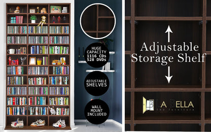 Adjustable Shelves CD DVD Bluray Media Book Storage Cupboard ESPRESSO - Cosy Abode