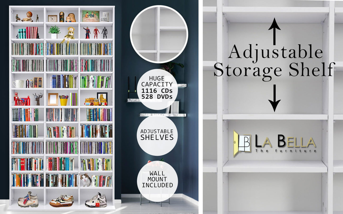 Adjustable Shelves CD DVD Bluray Media Book Storage Cupboard WHITE - Cosy Abode