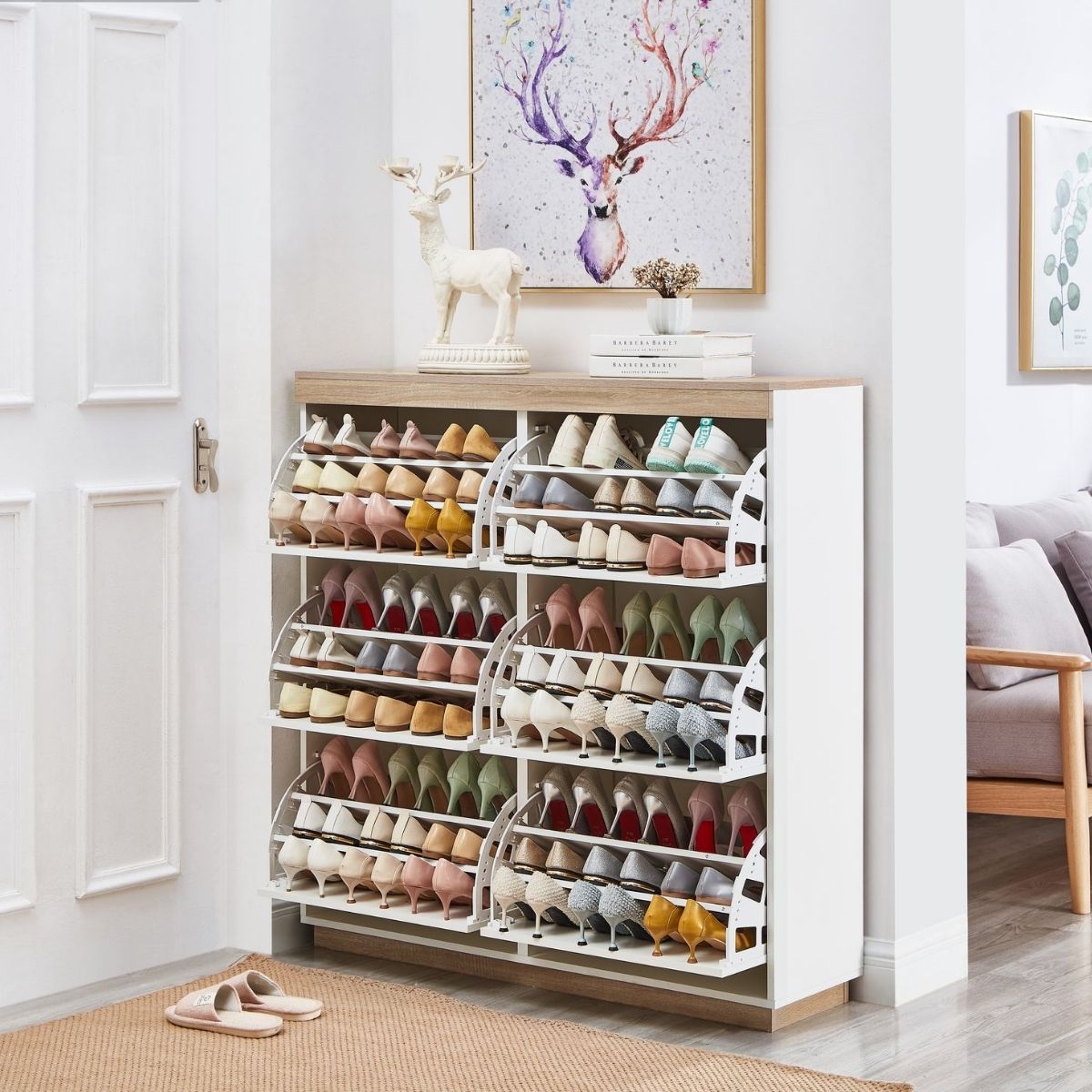 Aiden Coastal White Oak Large Shoe Cabinet - Cosy Abode