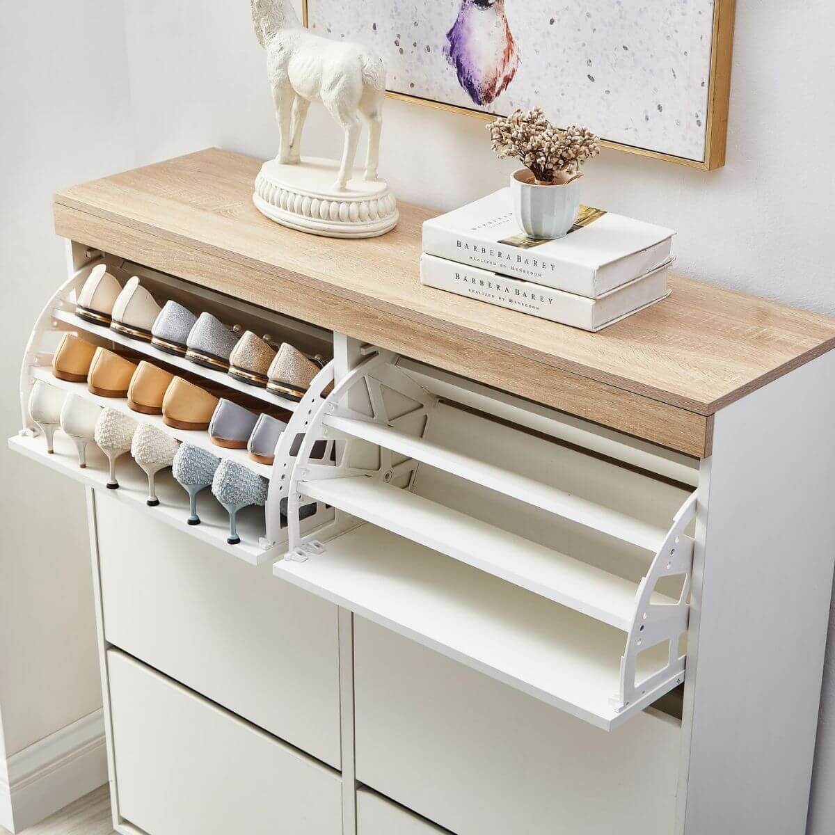 Aiden Coastal White Oak Large Shoe Cabinet - Cosy Abode