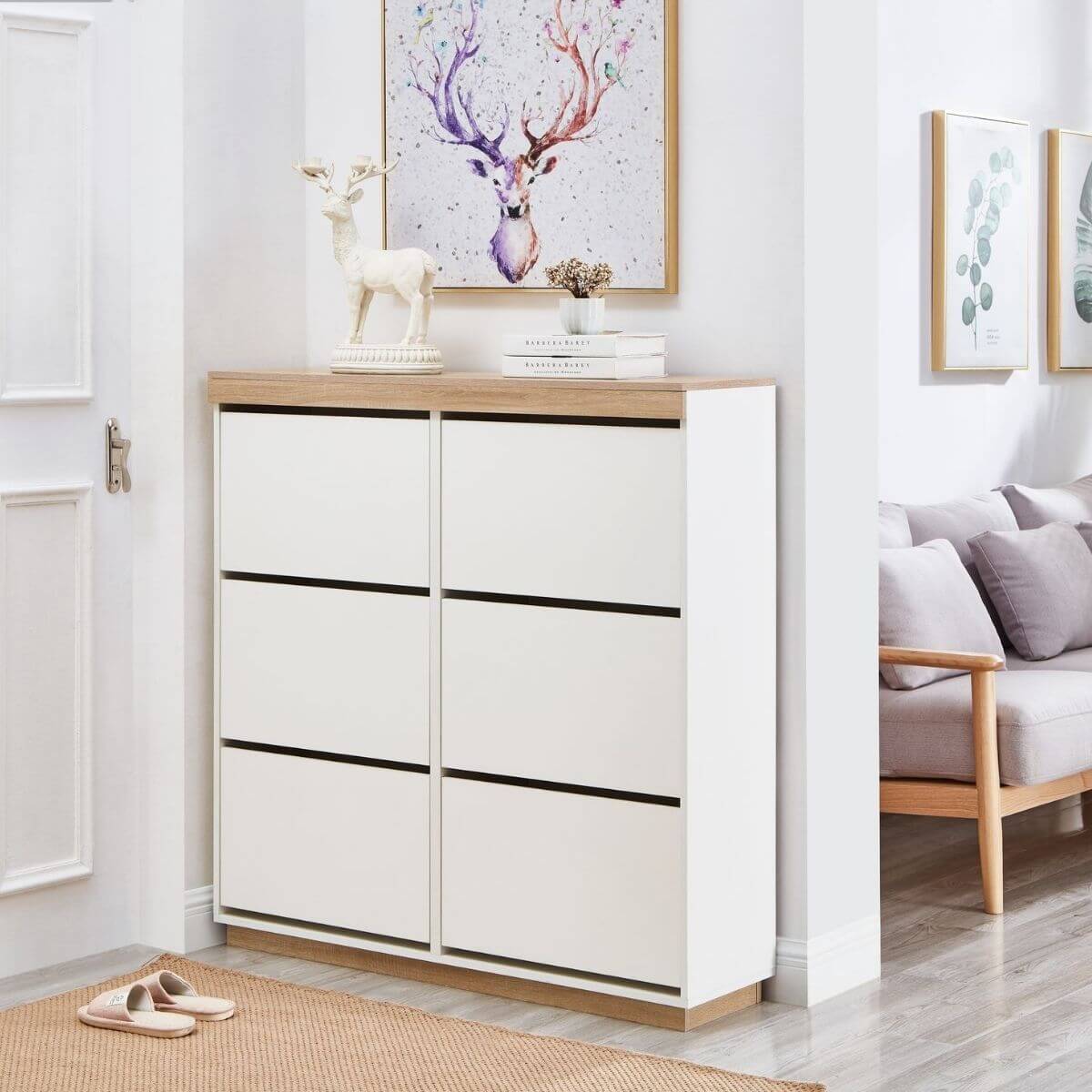 Aiden Coastal White Oak Large Shoe Cabinet - Cosy Abode