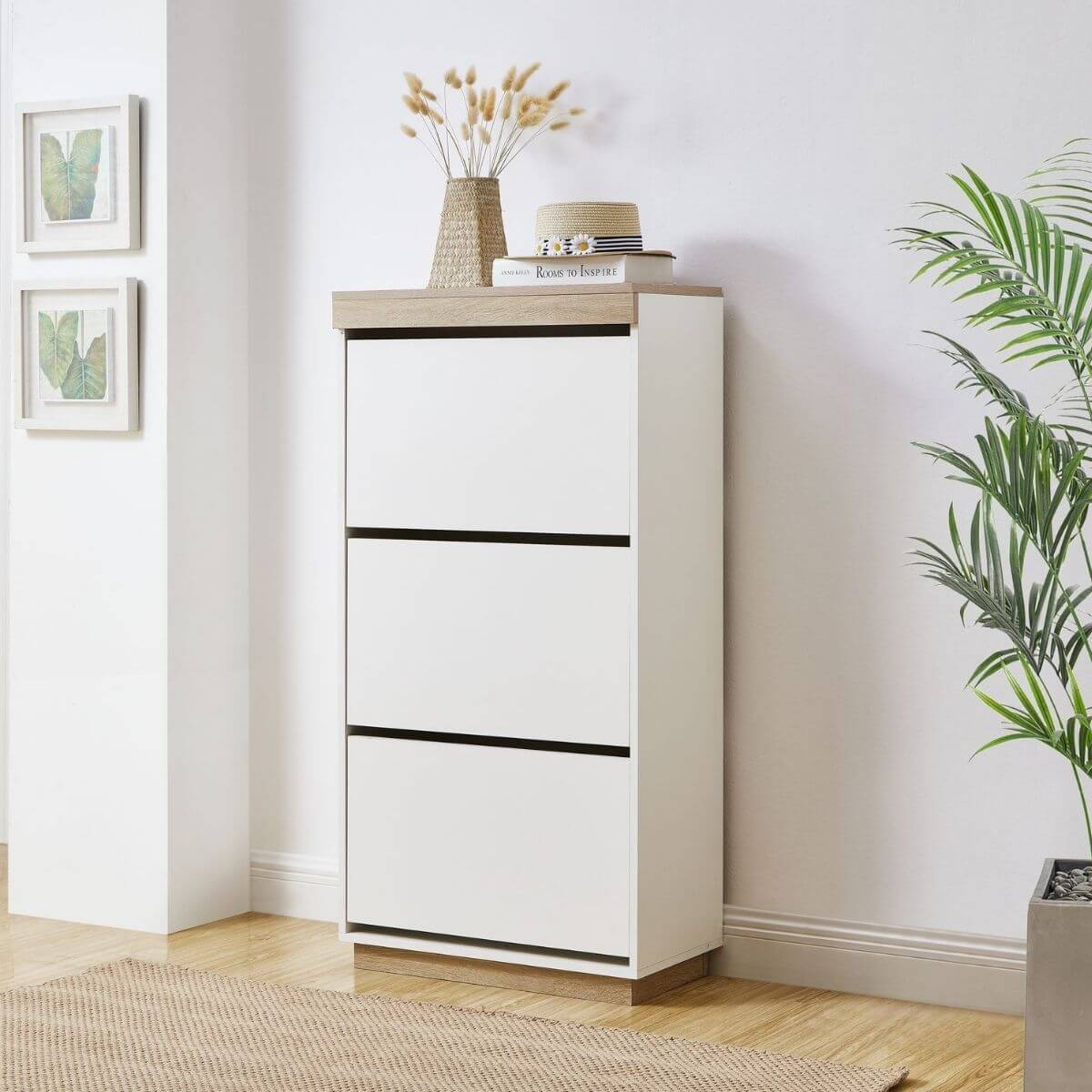 Aiden Coastal White Oak Small Shoe Cabinet - Cosy Abode