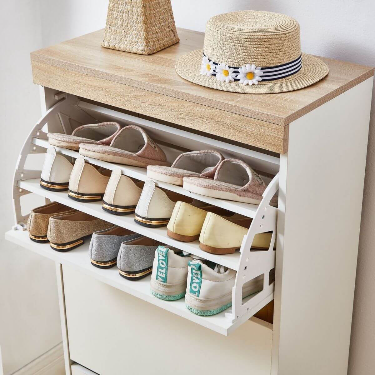 Aiden Coastal White Oak Small Shoe Cabinet - Cosy Abode