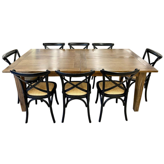 Aksa 9pc Dining Set 210-310cm Extension Timber Table 8 Black Cross Back Chair - Cosy Abode