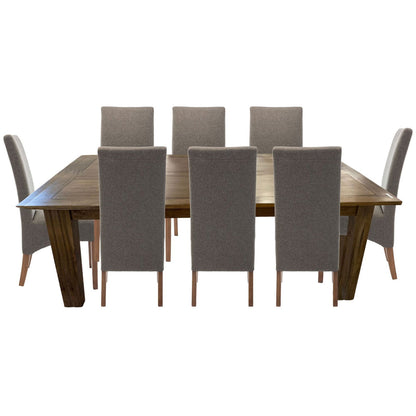 Aksa 9pc Dining Set 210-310cm Extension Timber Wood Table 8 Grey Fabric Chair - Cosy Abode