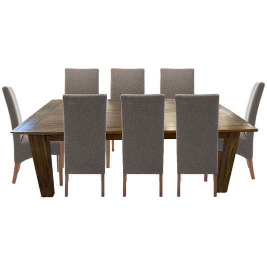 Aksa 9pc Dining Set 210-310cm Extension Timber Wood Table 8 Grey Fabric Chair - Cosy Abode