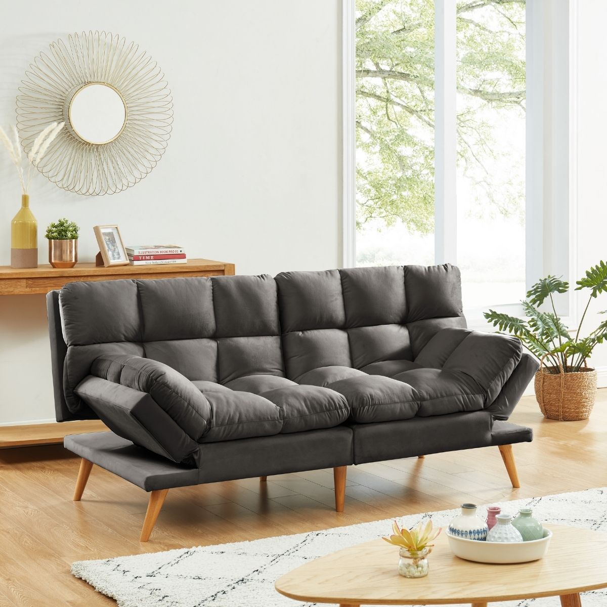 Alexa 3 Seater Velvet Sofa Bed Futon Charcoal - Cosy Abode
