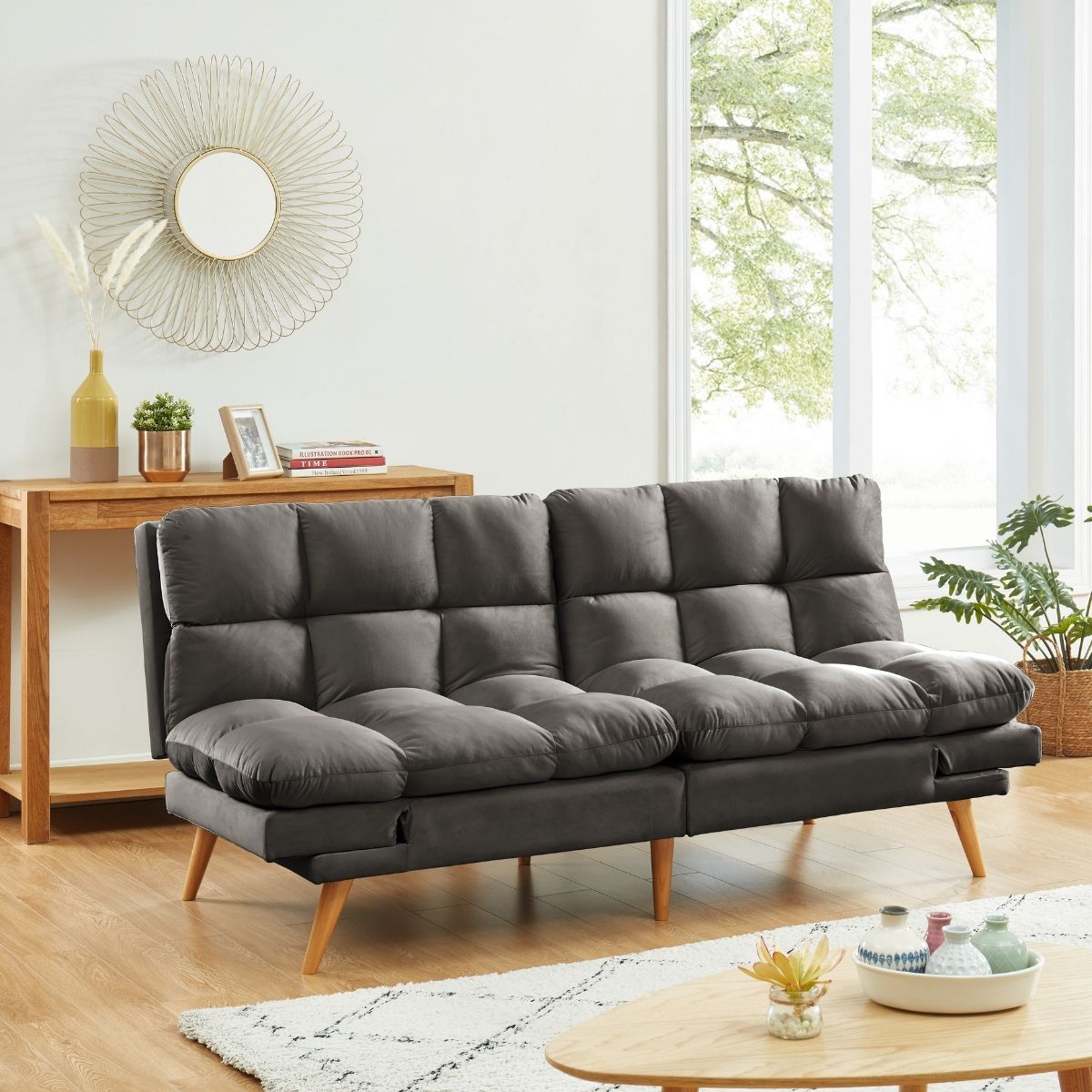 Alexa 3 Seater Velvet Sofa Bed Futon Charcoal - Cosy Abode
