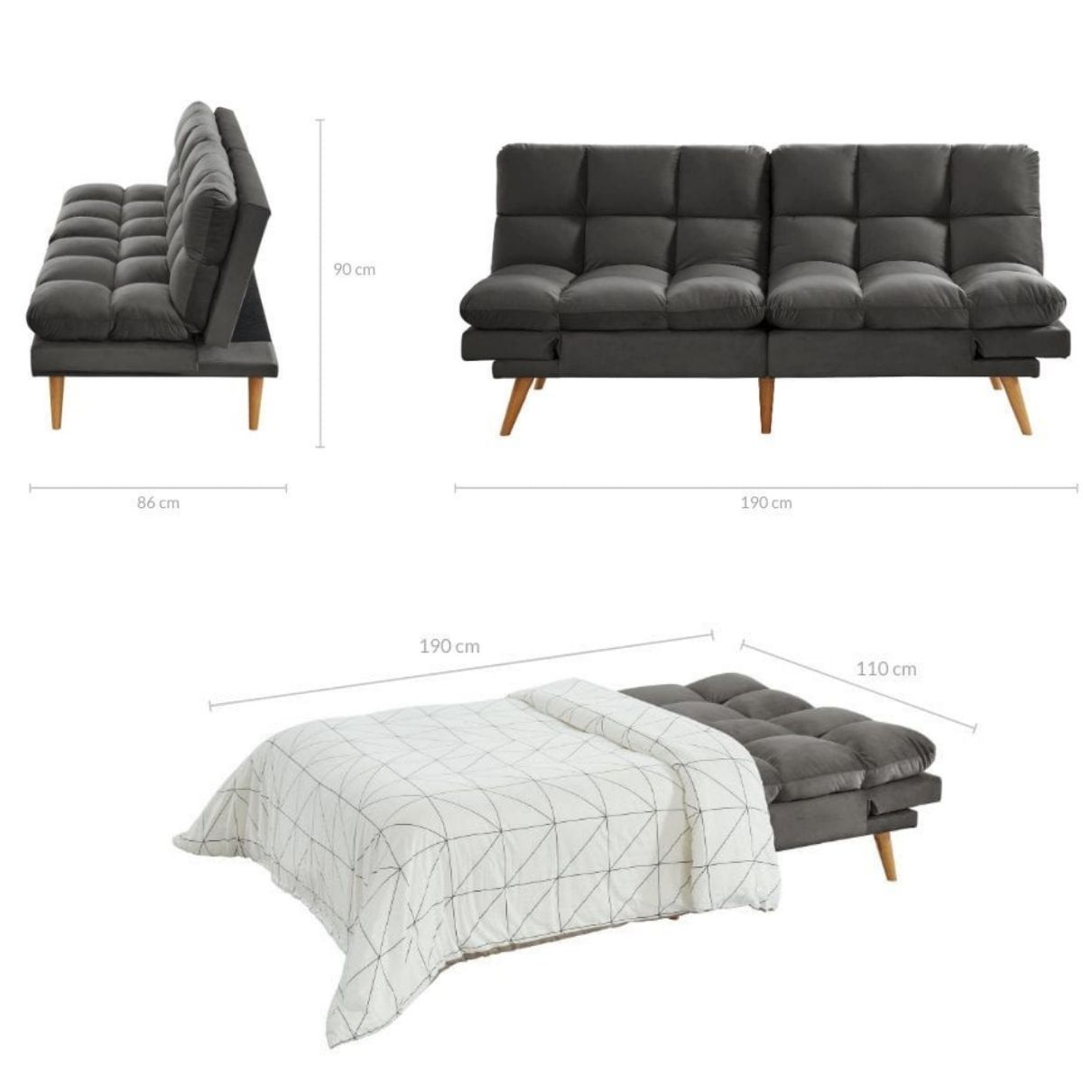 Alexa 3 Seater Velvet Sofa Bed Futon Charcoal - Cosy Abode