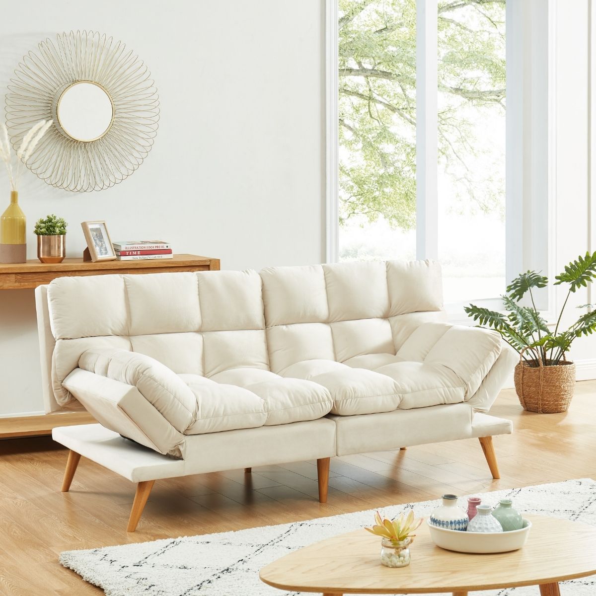 Alexa 3 Seater Velvet Sofa Bed Futon Cream - Cosy Abode