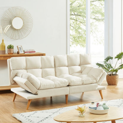 Alexa 3 Seater Velvet Sofa Bed Futon Cream - Cosy Abode