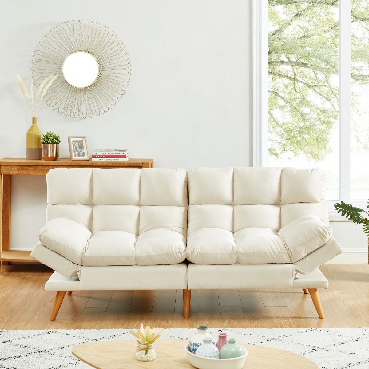 Alexa 3 Seater Velvet Sofa Bed Futon Cream - Cosy Abode