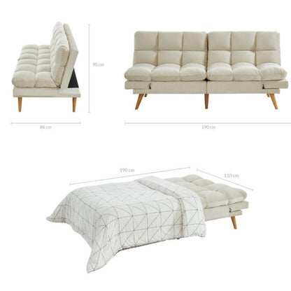 Alexa 3 Seater Velvet Sofa Bed Futon Cream - Cosy Abode