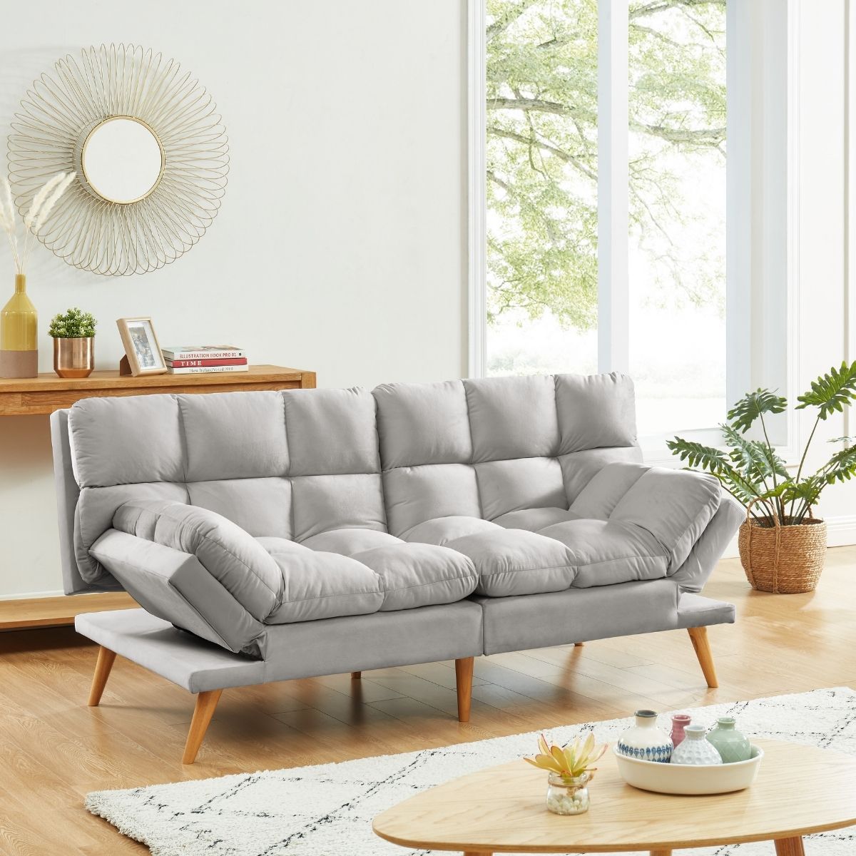 Alexa 3 Seater Velvet Sofa Bed Futon Light Grey - Cosy Abode