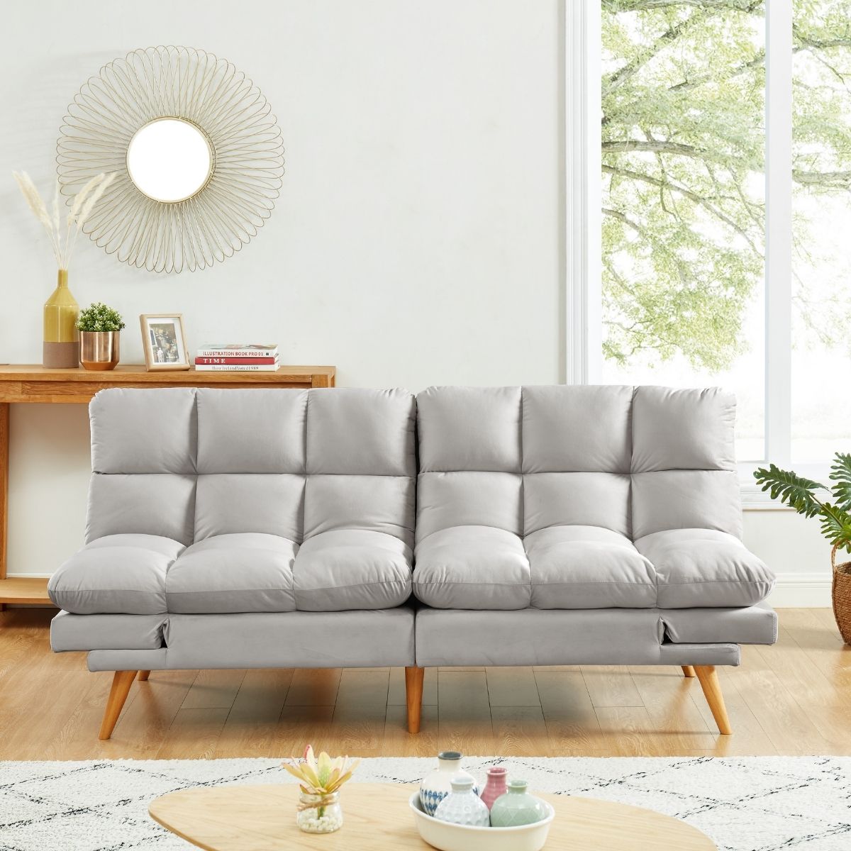 Alexa 3 Seater Velvet Sofa Bed Futon Light Grey - Cosy Abode