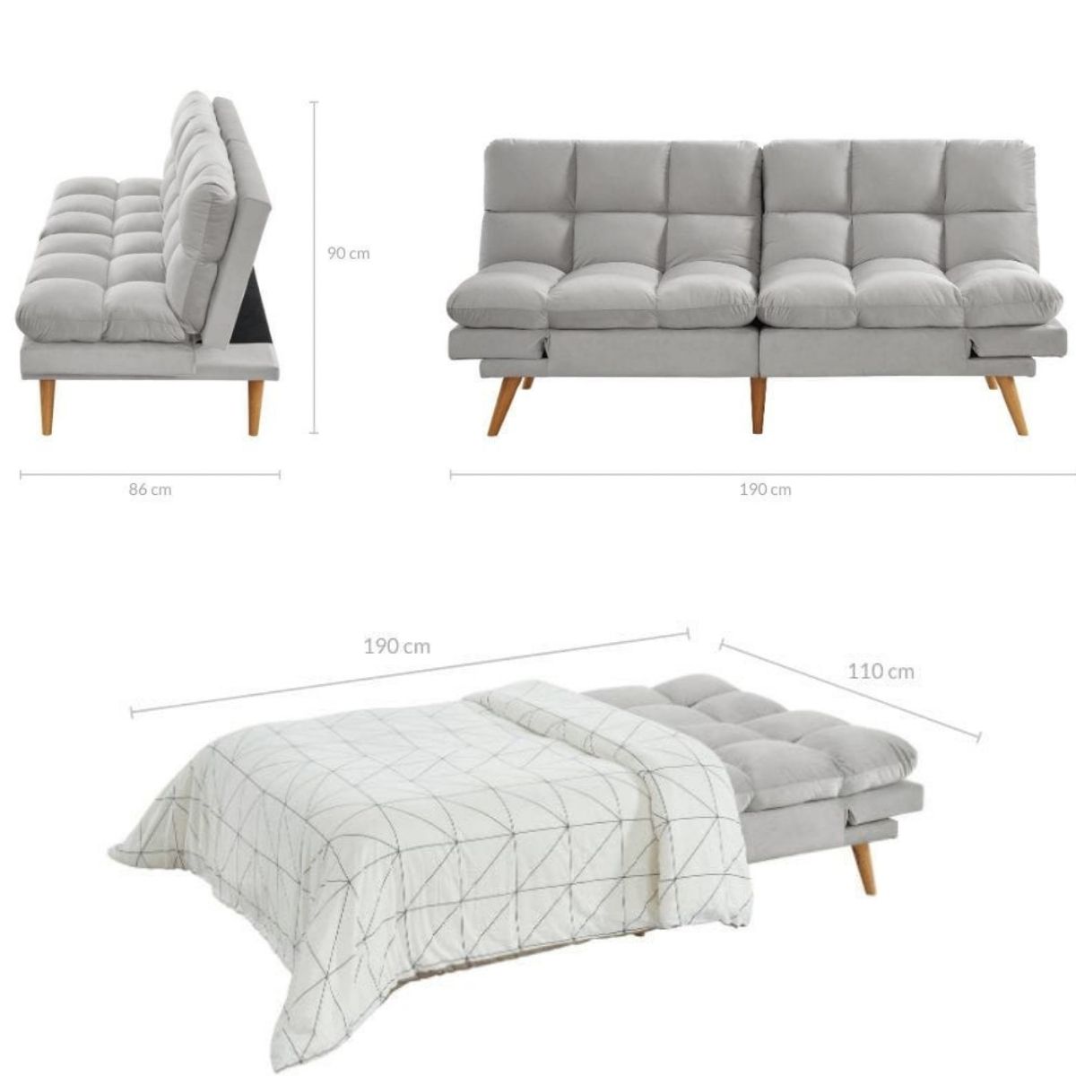 Alexa 3 Seater Velvet Sofa Bed Futon Light Grey - Cosy Abode