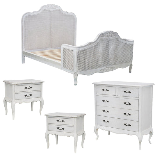 Alice 4pc King Bed Suite Bedside Tallboy Bedroom Rattan Furniture Package White - Cosy Abode