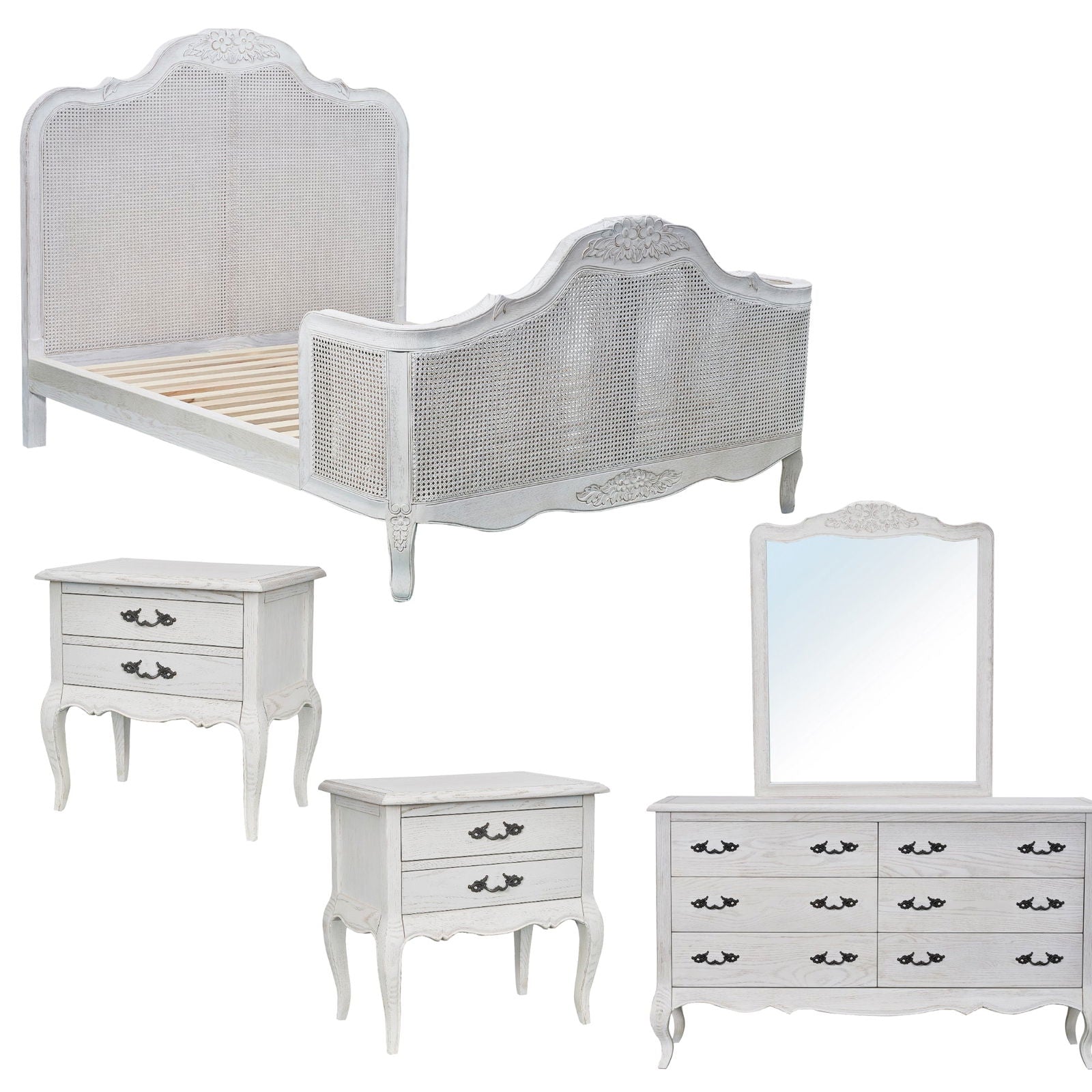 Alice 5pc King Bed Suite Bedside Dresser Bedroom Rattan Furniture Package White - Cosy Abode