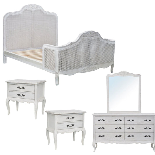 Alice 5pc Queen Bed Suite Bedside Dresser Bedroom Rattan Furniture Package White - Cosy Abode