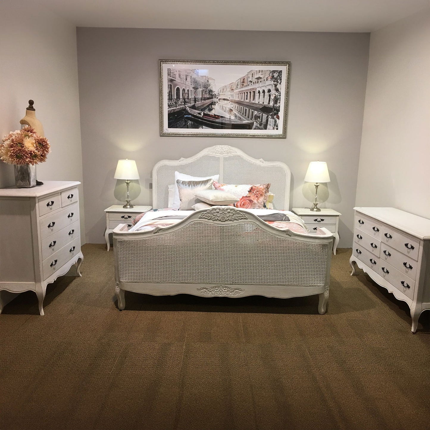 Alice King Size Bed Frame Rattan Timber Wood Mattress Base Distressed White - Cosy Abode