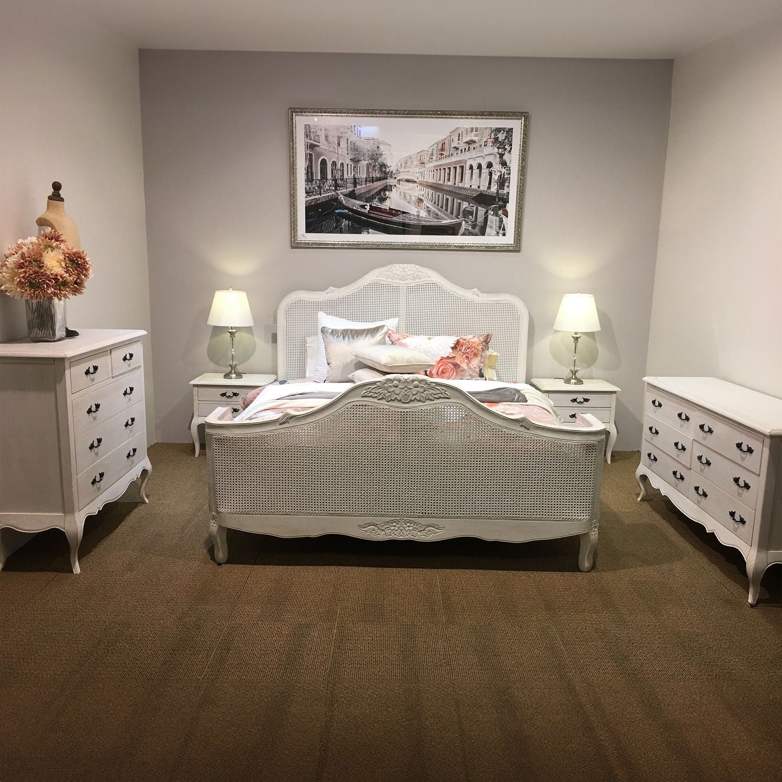 Alice King Size Bed Frame Rattan Timber Wood Mattress Base Distressed White - Cosy Abode