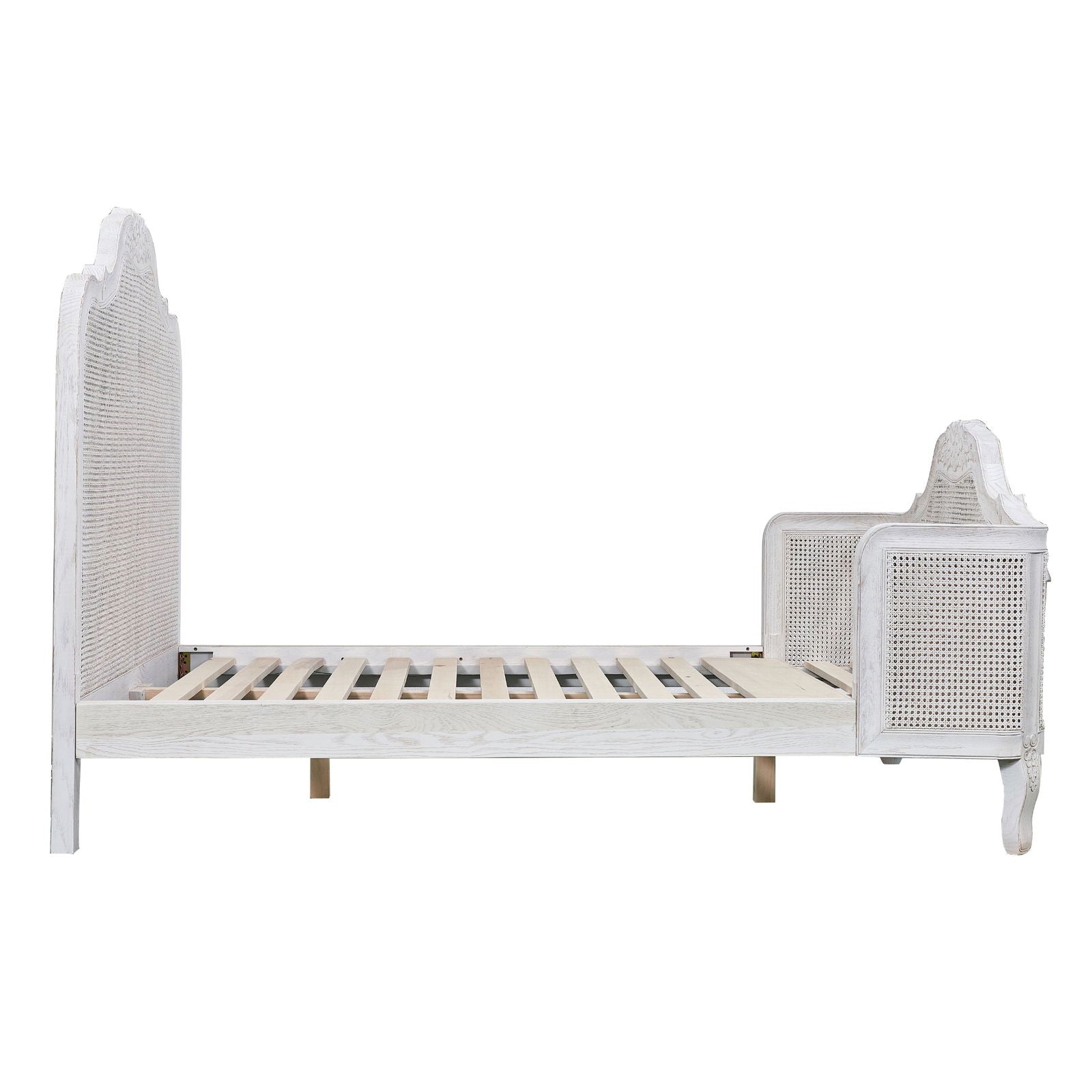 Alice King Size Bed Frame Rattan Timber Wood Mattress Base Distressed White - Cosy Abode