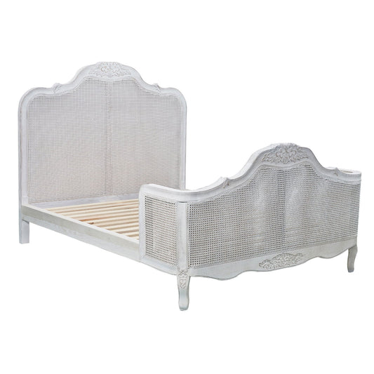 Alice Queen Size Bed Frame Rattan Timber Wood Mattress Base Distressed White - Cosy Abode
