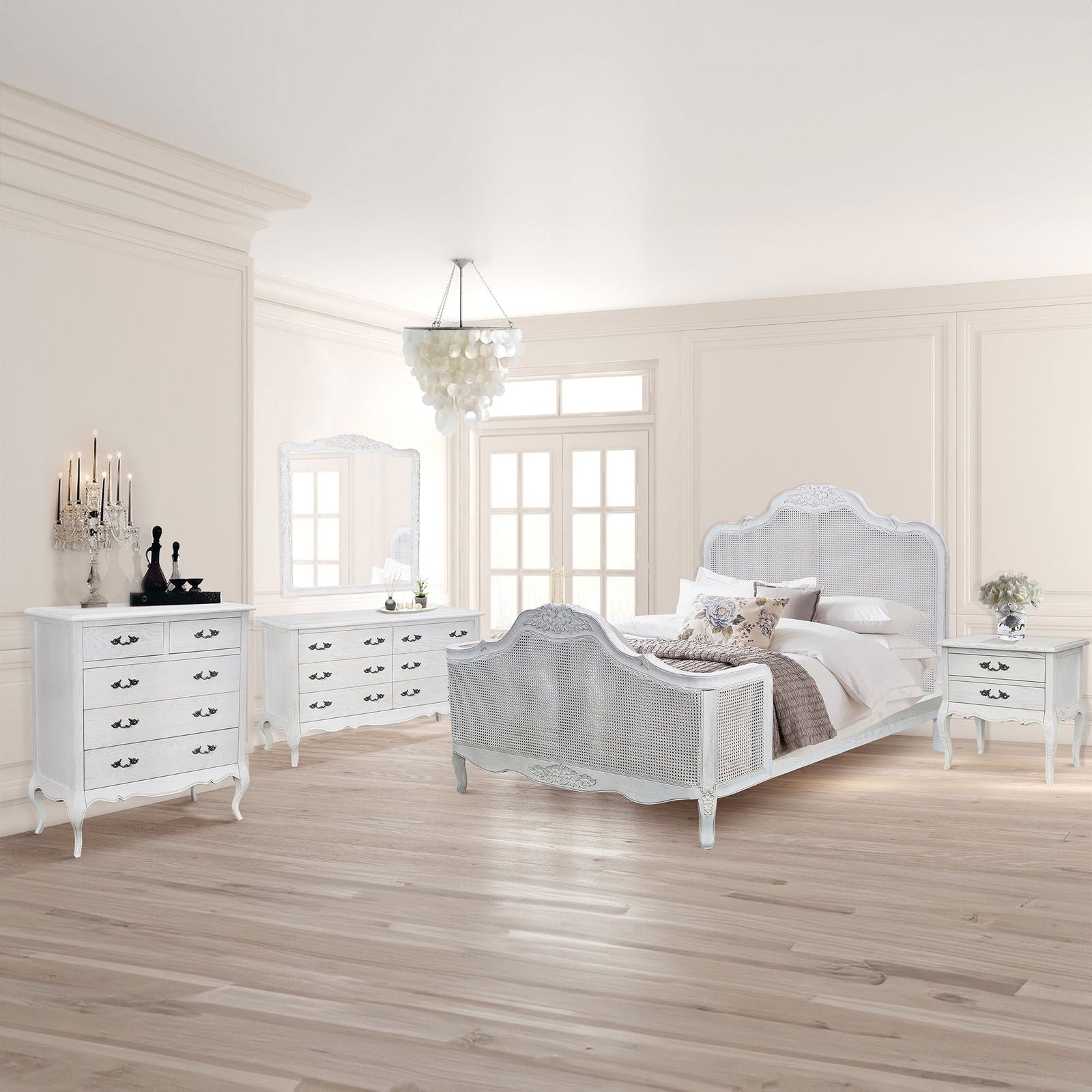 Alice Queen Size Bed Frame Rattan Timber Wood Mattress Base Distressed White - Cosy Abode