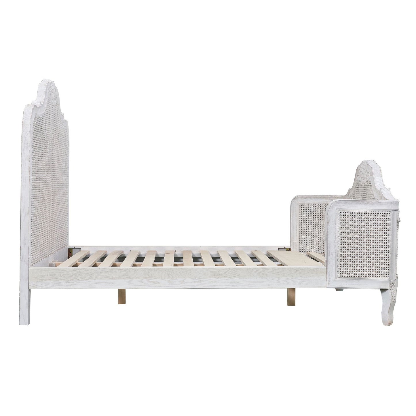Alice Queen Size Bed Frame Rattan Timber Wood Mattress Base Distressed White - Cosy Abode